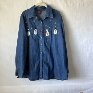 Women’s 2XL Denim Christmas Shirt Button Down Snowman Embroidered